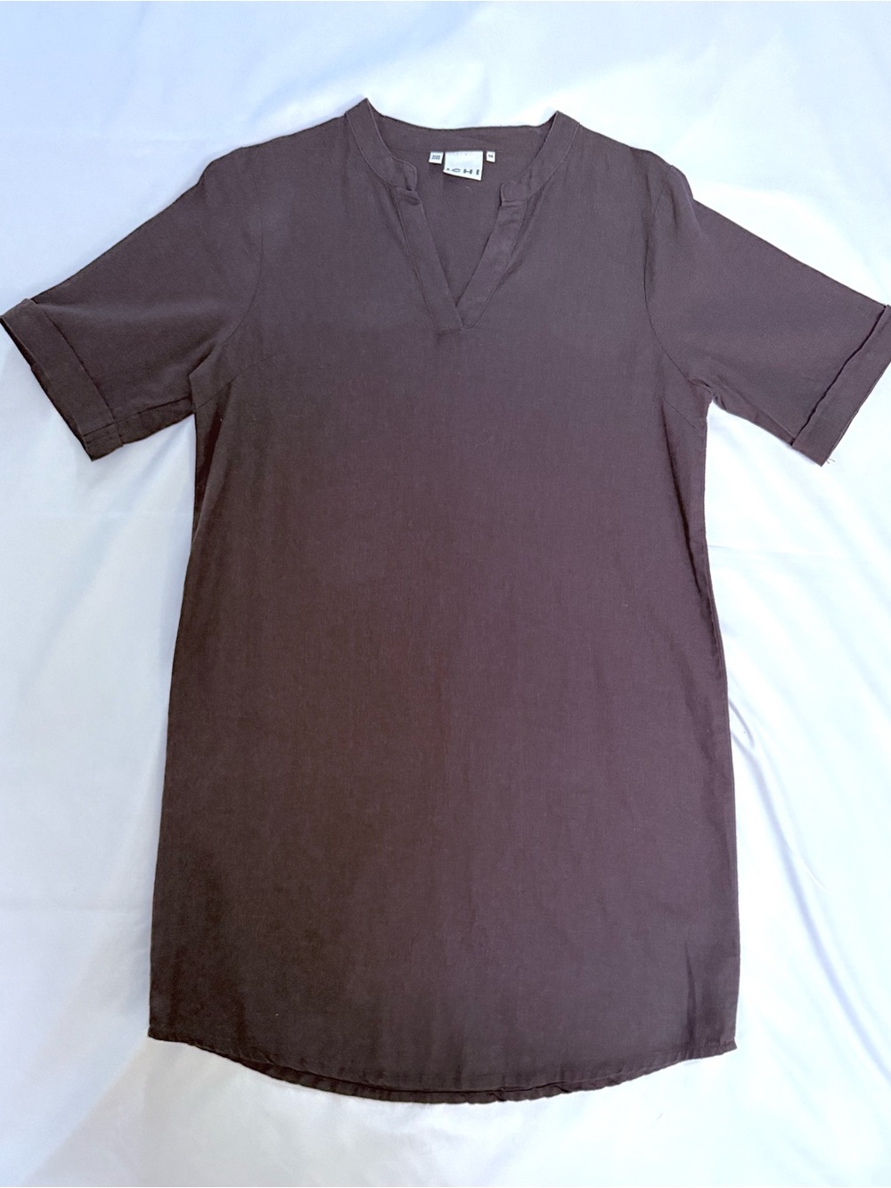 ICHI IHLINO Linen Day Dress Minimal Black Split-Neck Shift Dress Euro Summer - Picture 11 of 15